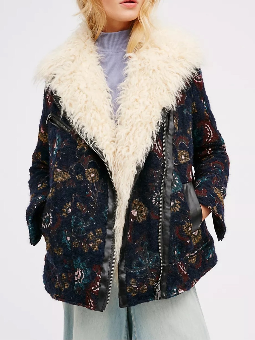 Free people Jacquard Wool Coat With Faux Fur